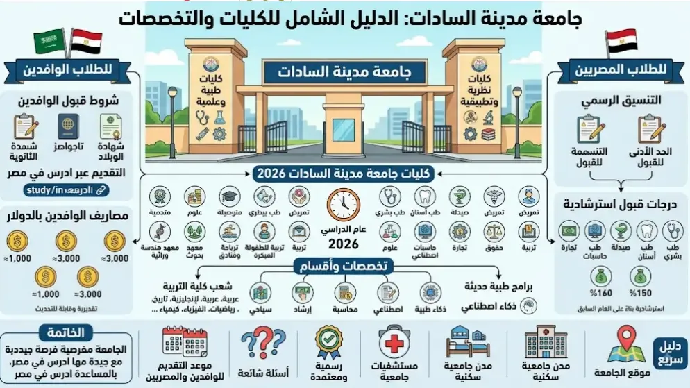 جامعة مدينة السادات دليل الكليات والقبول والرسوم 2026