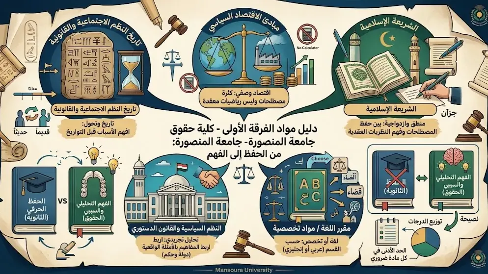 مواد كلية حقوق سنة أولى جامعة المنصورة وطرق المذاكرة